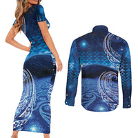New Zealand Matariki Couples Matching Short Sleeve Bodycon Dress and Long Sleeve Button Shirt Taniko Aramoana With Koru Galaxy Sky Night