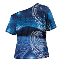 New Zealand Matariki Cross Shoulder Shirt Taniko Aramoana With Koru Galaxy Sky Night - Polynesian Pride