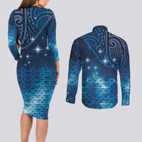 New Zealand Matariki Couples Matching Long Sleeve Bodycon Dress and Long Sleeve Button Shirt Taniko Aramoana With Maori Galaxy Sky Night