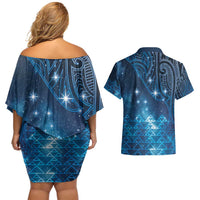 New Zealand Matariki Couples Matching Off Shoulder Short Dress and Hawaiian Shirt Taniko Aramoana With Maori Galaxy Sky Night
