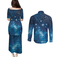 New Zealand Matariki Couples Matching Puletasi and Long Sleeve Button Shirt Taniko Aramoana With Maori Galaxy Sky Night