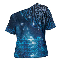 New Zealand Matariki Cross Shoulder Shirt Taniko Aramoana With Maori Galaxy Sky Night - Polynesian Pride