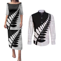 New Zealand Silver Fern Niho Taniwha Couples Matching Puletasi and Long Sleeve Button Shirt LT9 Black - Polynesian Pride