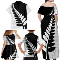 New Zealand Silver Fern Niho Taniwha Family Matching Off Shoulder Maxi Dress and Hawaiian Shirt
