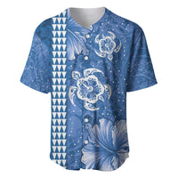 Blue Hibiscus Turle Baseball Jersey Hawaiian Style Tribal Tapa Pattern