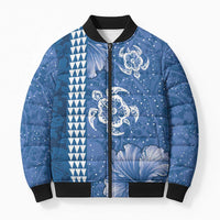 Blue Hibiscus Turle Bomber Puffer Jacket Hawaiian Style Tribal Tapa Pattern - Polynesian Pride