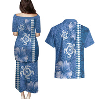 Blue Hibiscus Turle Couples Matching Puletasi and Hawaiian Shirt Hawaiian Style Tribal Tapa Pattern LT9 - Polynesian Pride