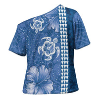 Blue Hibiscus Turle Cross Shoulder Shirt Hawaiian Style Tribal Tapa Pattern - Polynesian Pride