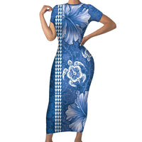 Blue Hibiscus Turle Family Matching Short Sleeve Bodycon Dress and Hawaiian Shirt Hawaiian Style Tribal Tapa Pattern