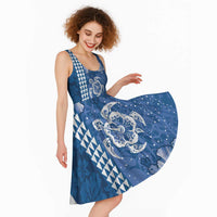 Blue Hibiscus Turle Midi Dress Hawaiian Style Tribal Tapa Pattern - Polynesian Pride