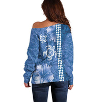 Blue Hibiscus Turle Off Shoulder Sweater Hawaiian Style Tribal Tapa Pattern