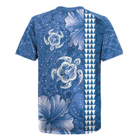 Blue Hibiscus Turle Rugby Jersey Hawaiian Style Tribal Tapa Pattern