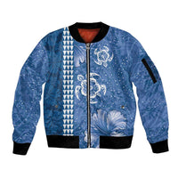 Blue Hibiscus Turle Sleeve Zip Bomber Jacket Hawaiian Style Tribal Tapa Pattern