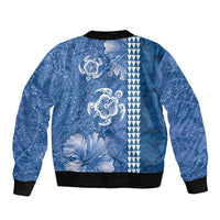 Blue Hibiscus Turle Sleeve Zip Bomber Jacket Hawaiian Style Tribal Tapa Pattern