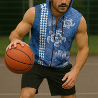 Blue Hibiscus Turle Sleeveless Zip Hoodie Hawaiian Style Tribal Tapa Pattern LT9 - Polynesian Pride