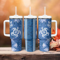 Blue Hibiscus Turle Tumbler With Handle Hawaiian Style Tribal Tapa Pattern
