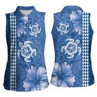 Blue Hibiscus Turle Women Sleeveless Polo Shirt Hawaiian Style Tribal Tapa Pattern