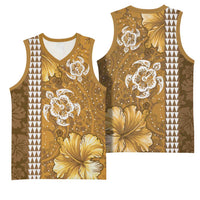Gold Hibiscus Turle Basketball Jersey Hawaiian Style Tribal Tapa Pattern - Polynesian Pride