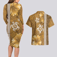 Gold Hibiscus Turle Couples Matching Long Sleeve Bodycon Dress and Hawaiian Shirt Hawaiian Style Tribal Tapa Pattern
