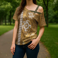 Gold Hibiscus Turle Cross Shoulder Shirt Hawaiian Style Tribal Tapa Pattern - Polynesian Pride