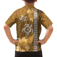 Gold Hibiscus Turle Family Matching Off The Shoulder Long Sleeve Dress and Hawaiian Shirt Hawaiian Style Tribal Tapa Pattern
