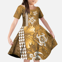Gold Hibiscus Turle Family Matching Puletasi and Hawaiian Shirt Hawaiian Style Tribal Tapa Pattern