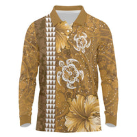 Gold Hibiscus Turle Long Sleeve Polo Shirt Hawaiian Style Tribal Tapa Pattern
