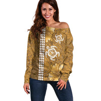 Gold Hibiscus Turle Off Shoulder Sweater Hawaiian Style Tribal Tapa Pattern