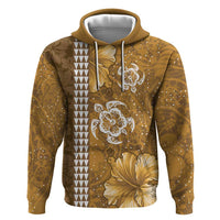 Gold Hibiscus Turle Zip Hoodie Hawaiian Style Tribal Tapa Pattern