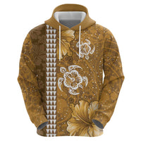 Gold Hibiscus Turle Zip Hoodie Hawaiian Style Tribal Tapa Pattern