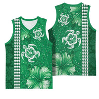 Green Hibiscus Turle Basketball Jersey Hawaiian Style Tribal Tapa Pattern - Polynesian Pride