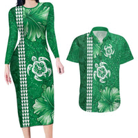 Green Hibiscus Turle Couples Matching Long Sleeve Bodycon Dress and Hawaiian Shirt Hawaiian Style Tribal Tapa Pattern