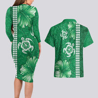 Green Hibiscus Turle Couples Matching Long Sleeve Bodycon Dress and Hawaiian Shirt Hawaiian Style Tribal Tapa Pattern