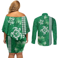 Green Hibiscus Turle Couples Matching Off Shoulder Short Dress and Long Sleeve Button Shirt Hawaiian Style Tribal Tapa Pattern LT9 - Polynesian Pride