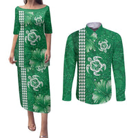 Green Hibiscus Turle Couples Matching Puletasi and Long Sleeve Button Shirt Hawaiian Style Tribal Tapa Pattern LT9 Green - Polynesian Pride
