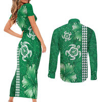 Green Hibiscus Turle Couples Matching Short Sleeve Bodycon Dress and Long Sleeve Button Shirt Hawaiian Style Tribal Tapa Pattern