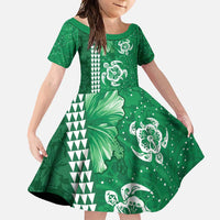 Green Hibiscus Turle Family Matching Off Shoulder Maxi Dress and Hawaiian Shirt Hawaiian Style Tribal Tapa Pattern