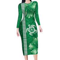 Green Hibiscus Turle Long Sleeve Bodycon Dress Hawaiian Style Tribal Tapa Pattern