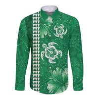 Green Hibiscus Turle Long Sleeve Button Shirt Hawaiian Style Tribal Tapa Pattern LT9 Unisex Green - Polynesian Pride