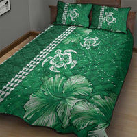 Green Hibiscus Turle Quilt Bed Set Hawaiian Style Tribal Tapa Pattern