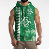 Green Hibiscus Turle Sleeveless Hoodie Hawaiian Style Tribal Tapa Pattern - Polynesian Pride