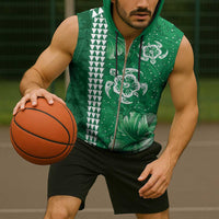Green Hibiscus Turle Sleeveless Zip Hoodie Hawaiian Style Tribal Tapa Pattern LT9 - Polynesian Pride