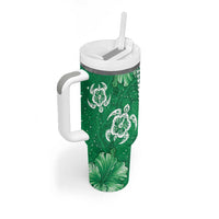 Green Hibiscus Turle Tumbler With Handle Hawaiian Style Tribal Tapa Pattern