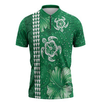 Green Hibiscus Turle Zipper Polo Shirt Hawaiian Style Tribal Tapa Pattern - Polynesian Pride