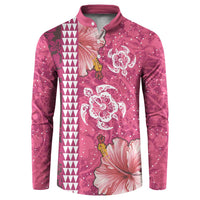 Pink Hibiscus Turle Button Sweatshirt Hawaiian Style Tribal Tapa Pattern