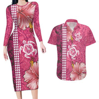 Pink Hibiscus Turle Couples Matching Long Sleeve Bodycon Dress and Hawaiian Shirt Hawaiian Style Tribal Tapa Pattern
