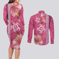 Pink Hibiscus Turle Couples Matching Long Sleeve Bodycon Dress and Long Sleeve Button Shirt Hawaiian Style Tribal Tapa Pattern