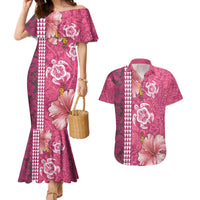 Pink Hibiscus Turle Couples Matching Mermaid Dress and Hawaiian Shirt Hawaiian Style Tribal Tapa Pattern