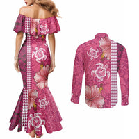 Pink Hibiscus Turle Couples Matching Mermaid Dress and Long Sleeve Button Shirt Hawaiian Style Tribal Tapa Pattern