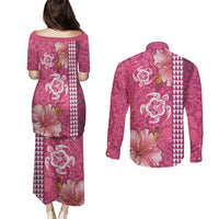 Pink Hibiscus Turle Couples Matching Puletasi and Long Sleeve Button Shirt Hawaiian Style Tribal Tapa Pattern